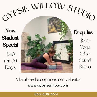 Pricing Options
*New Student Special
*Drop in $20
*Sound Baths $35