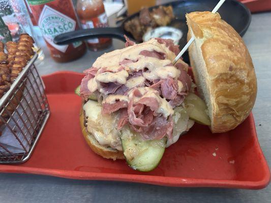 Reuben burger and sweet potato fries