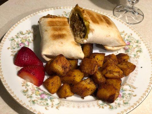 Savory breakfast wraps and seasoned potatoes