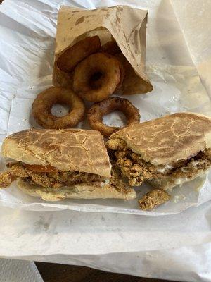 8" soft shell crab po boy with onion rings