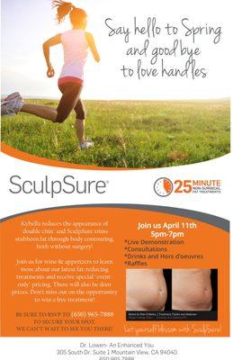 Join us on Tuesday April 11th from 5-7pm! A discussion to educate you about non-invasive procedures for fat removal, SculpSure and Kybella