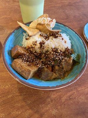 Crying tiger sauce beef with sweet chili fried tofu white rice and pita chips with hummus