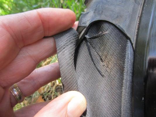 Mfg defect - a delaminated Special tire. Note image of casing defect preserved in back of rubber tread during the tire vulcanizing process.