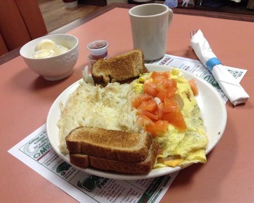 Veggie Omelet served with hash browns, toast and "made from scratch" raspberry jelly!