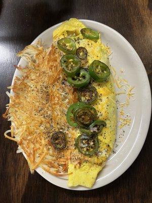 Meat Lovers Omelette, added fresh Jalapeño, always fantastic Hashbrowns