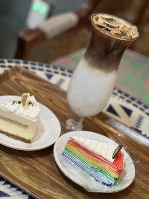 Lavender white mocha, earl grey cheesecake, rainbow crepe cake