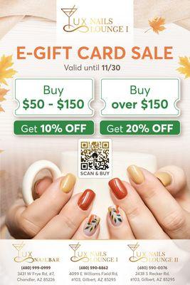 -  
Buy $50 - $150, Get 10% OFF
Buy over $150, Get 20% OFF
Valid until 11/30