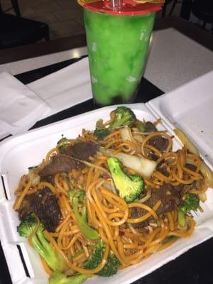 regular mongolian bbq (they mix) and green apple boba