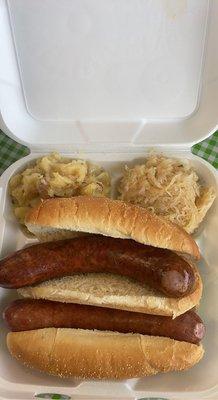 Hungarian sausage, Octoberfest sausage, potato salad, sauerkraut.