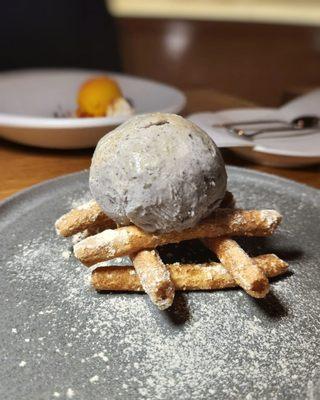 Jenga tower, chewy textured corn sticks, black sesame gelato, Korean seven grain powder