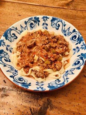 My Bolognese (they make their own at the store and Durum Pappardelle. Can't wait to go back.