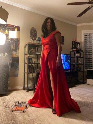 With the amount of train left when walking the skirt split creates the opportunity to float the back of the dress over the ground.