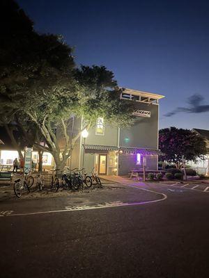 Evening shot of building that houses Okinawa Sushi restaurant - in Timbuck II Shopping Village in Corolla near Food Lion