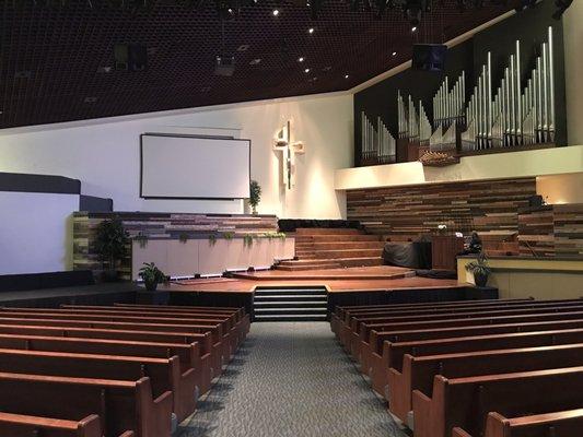 Sanctuary. Organ pipes. Stage.