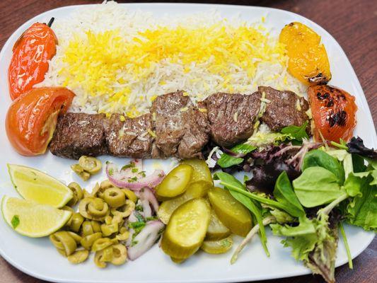 Grilled Filet Mignon, Grilled Tomato, Grilled peppers, Rice, Fresh Salad