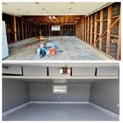 The garage remodel. Add storage loft, electrical wiring, insulation, drywall, paint and repair cement floor and finish with epoxy & flakes