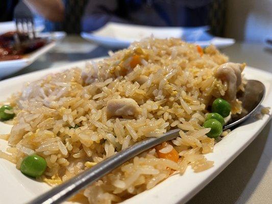 Chicken fried rice. Lots of chicken. Flavor is subtle yet satisfying. 5 out of 5.