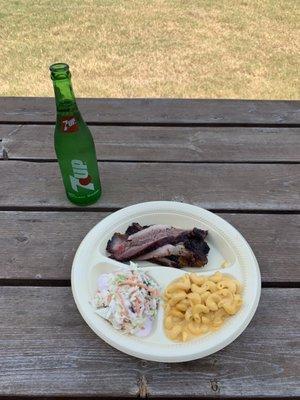 Marbled brisket, Mac and cheese and cole slaw.