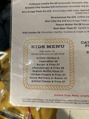 Kids menu