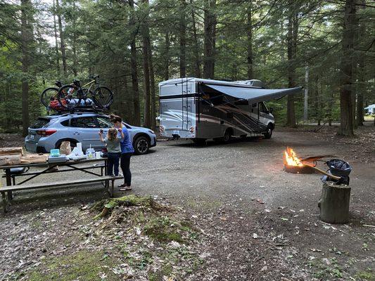 Our 2021 Crosstrek hooked up to our 2016 Winnebago View in a Vermont State Park