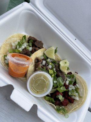 Left to right: carne asada, barbacoa, pastor taco