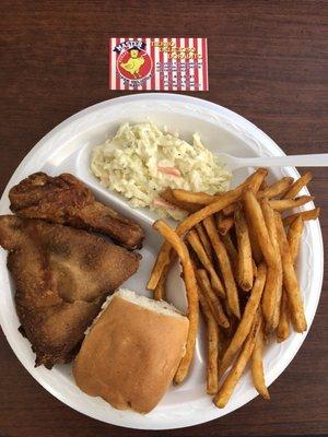 #1 Combo two pieces of fried chicken with two sides and a biscuit.