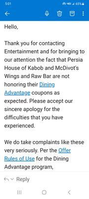 Email from Dining Advantage