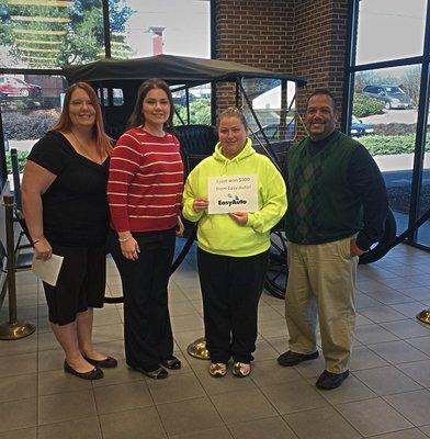 Congrats to Carrie Bradley, who won $500 in our monthly drawing for being on AutoPay at Easy Auto!