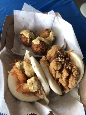 Kimcheesy rice balls / crispy shrimp bao / Korean chicken bao