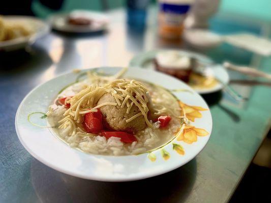 the matzo ball soup on our kitchen table