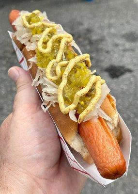 Dog with relish, kraut and mustard