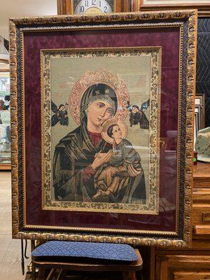 Awesome estate sale find! Religious art - Madonna & Child - - handmade tapestry. Custom ornate framing job. Matted + framed. - Mercanti