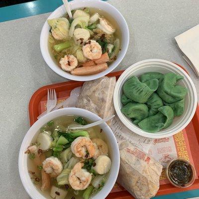 Clockwise: seafood egg noodle soup, steamed vegetable dumplings, and seafood noodle soup!