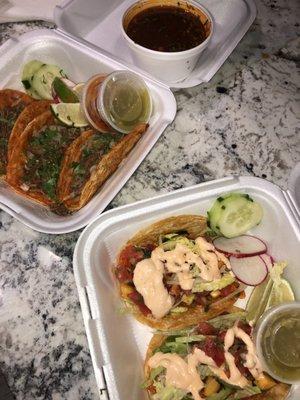 Quesabirria (left), veggie tacos (right)