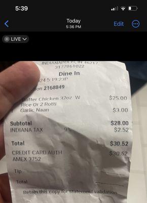 Receipt from in store