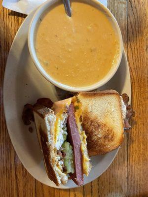 Bologna sandwich and Wisconsin cheddar soup