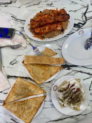 Bolani, dumplings, and chicken kabob platter