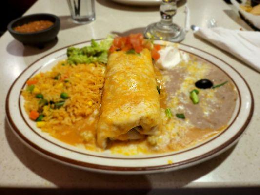 Burrito ranchero with rice and beans