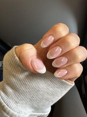 Dip, french tips, almond shape with pearl glaze