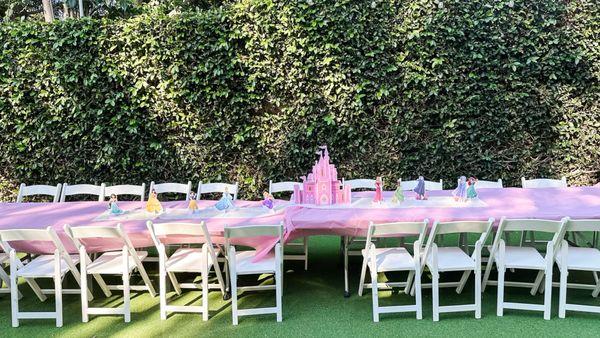 8' Children's Tables and White Wood Folding Kid's Chairs.