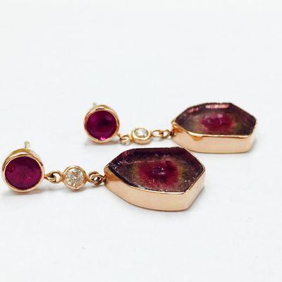 One of a kind Tourmaline & Ruby earrings in 14 karat rose gold