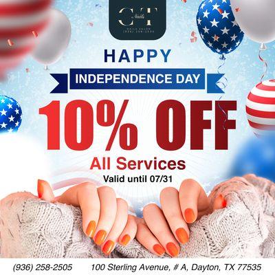 HAPPY INDEPENDENCE DAY 

 We're spreading some holiday cheer with a special treat just for you! 
 Enjoy 10% OFF All Services