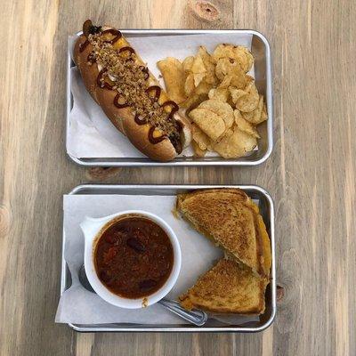 Dirty cowgirl hotdog and heart of gold grilled cheese with chili! So good