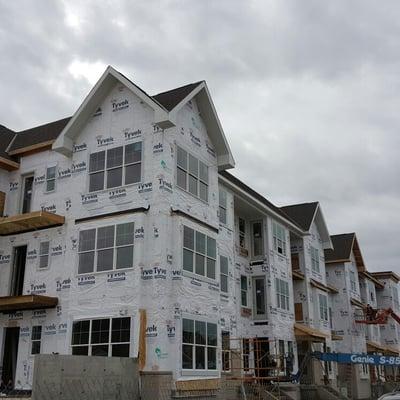 Installing fascia and soffit in Sun Prairie.  Siding crew is following behind on the other side of the building.