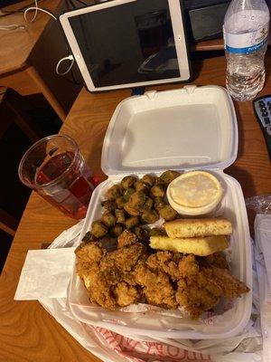 Chicken Strips (6), Fried Okra, Macaroni & Cheese, and Cornbread.