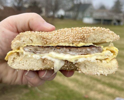 Sausage egg and cheese on sesame