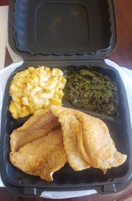 Fried whiting, mac & cheese, and collard greens