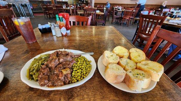 One of the Tuesday Specials: Beef Stew, Green Beans, Peas & Bread