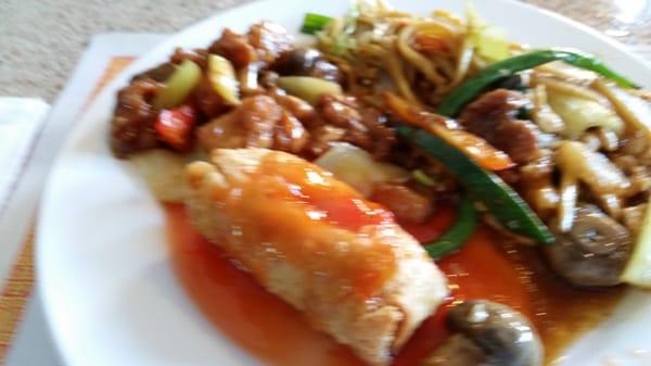 Lunch buffet items - delicious green beans, egg rolls, Pepper Beef and noodles.