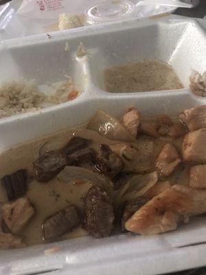 Can't eat anymore - not good - steak suppose to be "medium" and chicken had odd texture.  Too much water in plate and takeout bag.